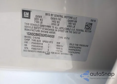 2016 Chevrolet Tahoe Lt z USA, uszkodzony, nr VIN 1GNSCBKC5GR344908